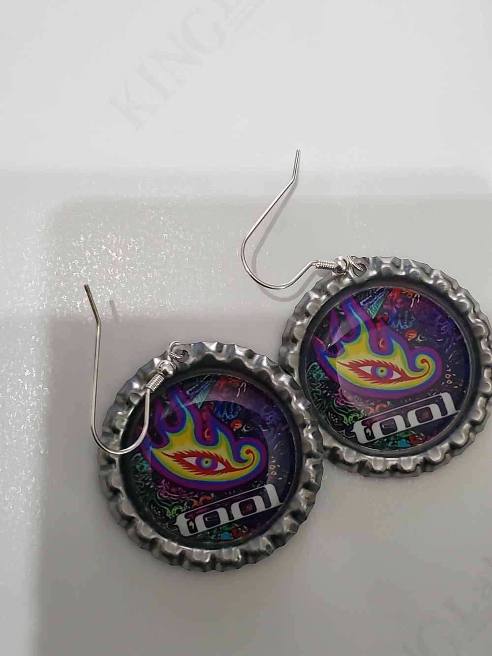 Tool Band Colorful Flame Eye Logo Bottle Cap Dangle Earrings